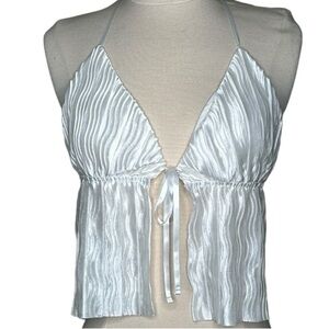 NWOT Tie Front Backless Pleated Halter Top White XS Retro Accordion Pleats